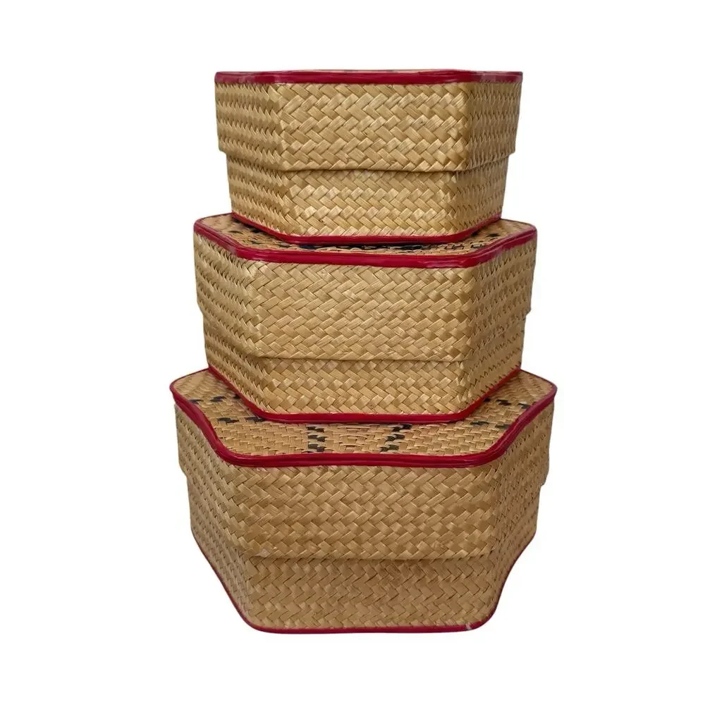 3 Piece Vintage Nesting Baskets With Lids Woven Sewing Storage Sweetgrass